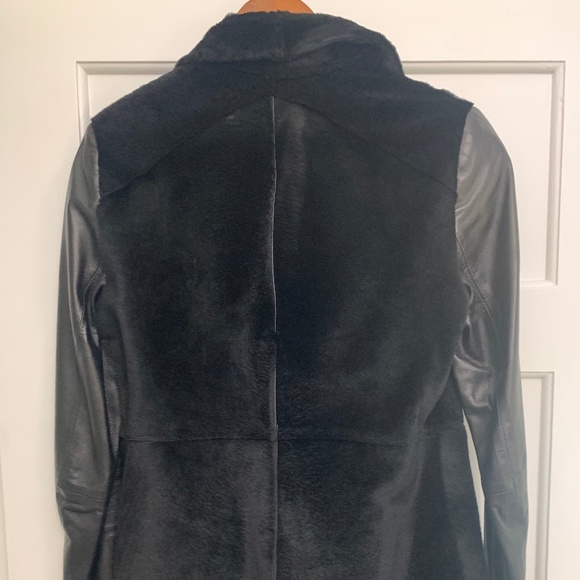 Saks Fifth Avenue Black Leather and Sheared Sheepskin Fur Coat - Picture 2 of 6